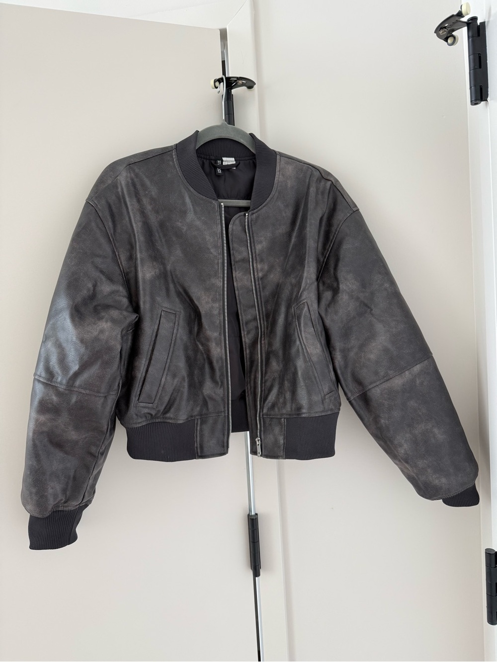 H&M Black Vintage-Effect Leather Bomber Jacket